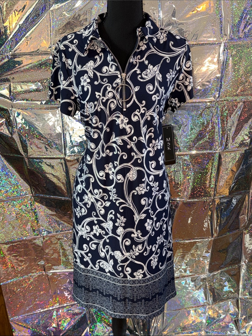 MSK Navy and White Zip-Front Floral Scroll Midi Dress
